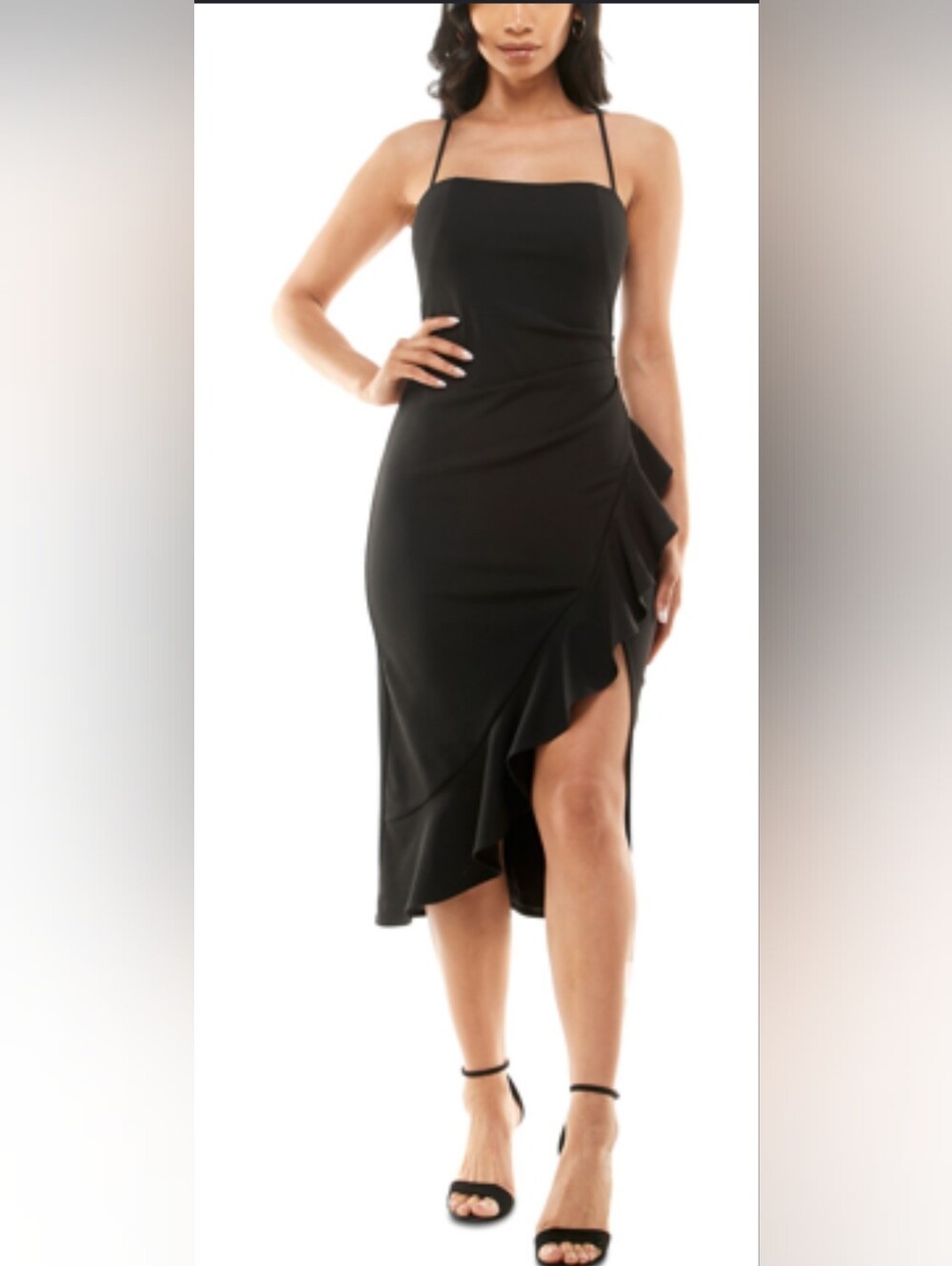 Inspired Hearts Black Asymmetric Ruffle-Hem Midi Dress